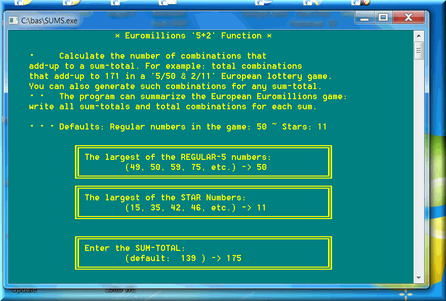 Lottery software to analyze the sums or sum-totals European Euromillions lottery game is SUMS EXE.