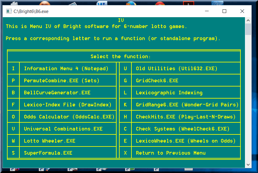 Menu 4: Software generates all types of lotto combinations, including all 6/49 games.